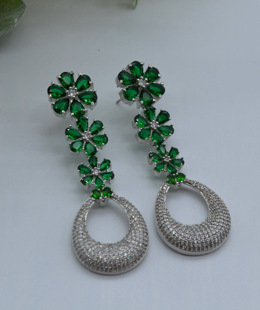 Gulsha Cz Studded Flower Dangles Earrings Silver Green