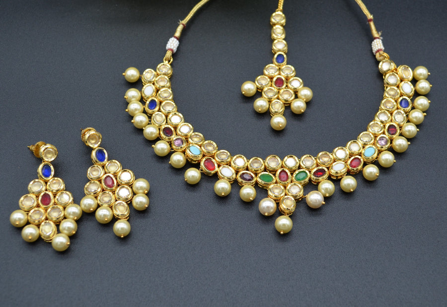 Amira Navratan Uncut Kundan Choker Necklace Set With Tikka Necklaces