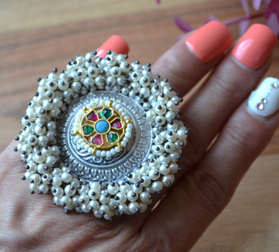 92.5 Oversized Adjustable Ring With Pearl Clusters Rings