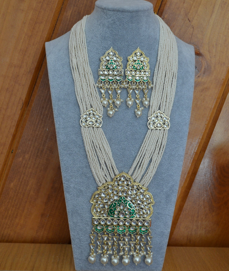 Foiled Kundan Meenakari Centre Pendant Necklace Set Green Necklaces