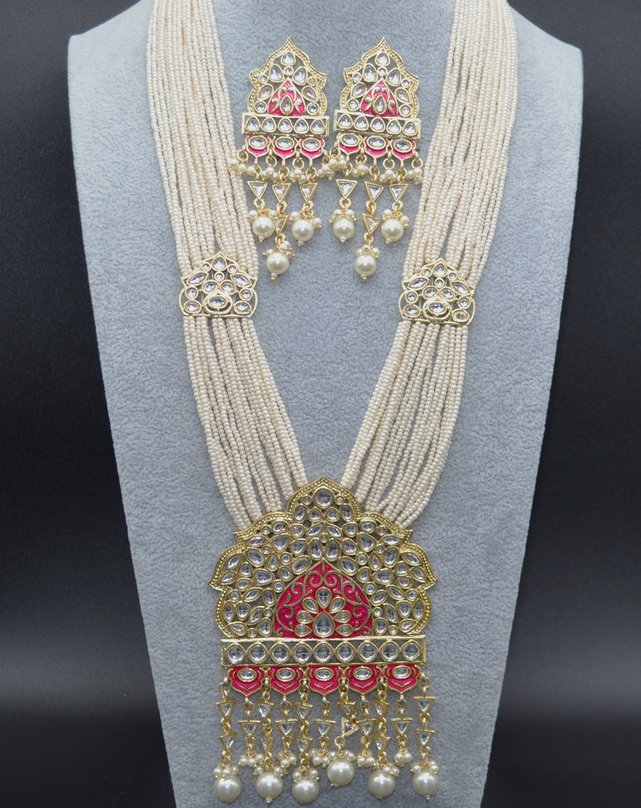 Foiled Kundan Meenakari Centre Pendant Necklace Set Rani Pink Necklaces