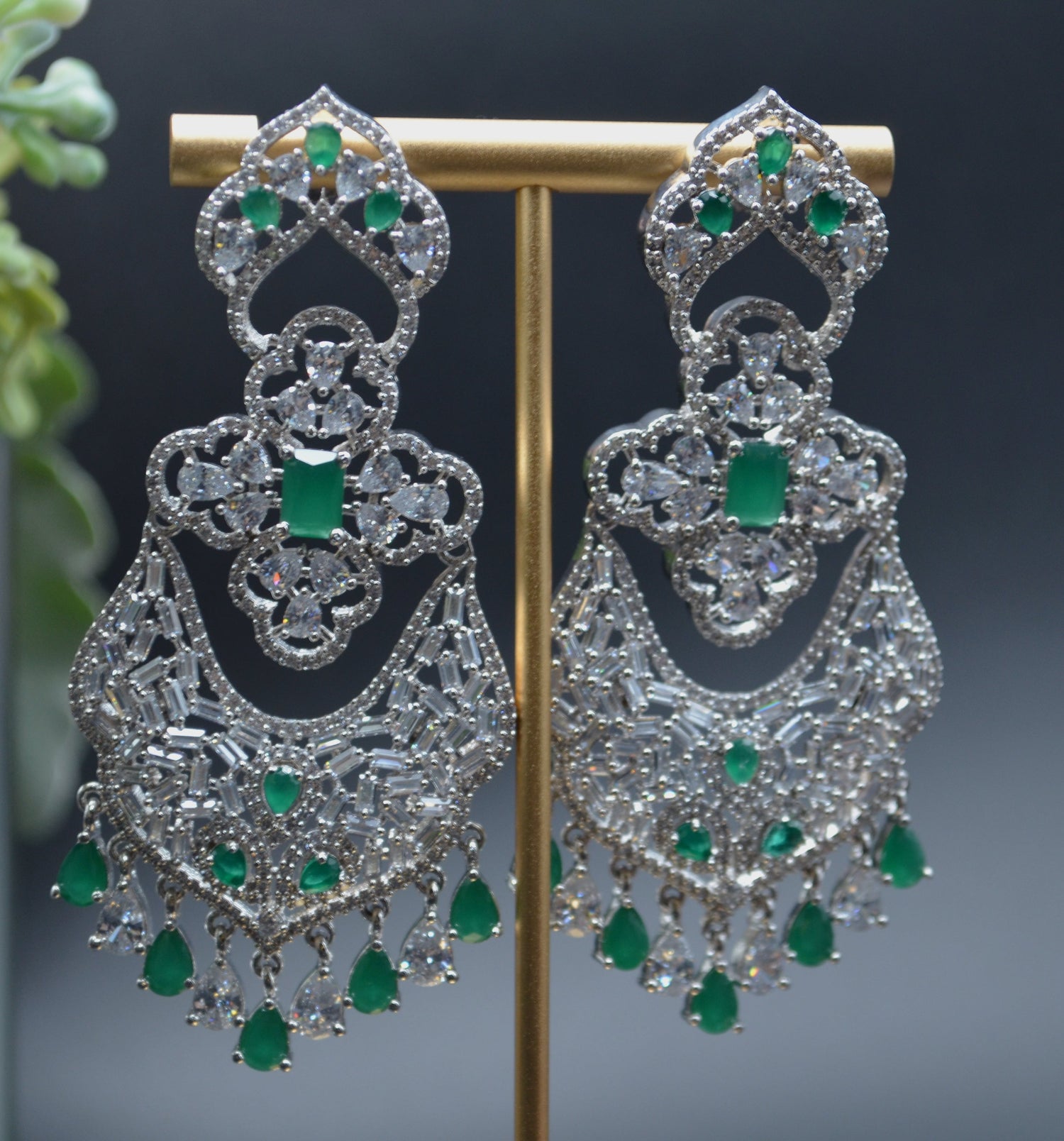 Statement American Diamonds & Baguette Stone Earrings With Monalisa Stones