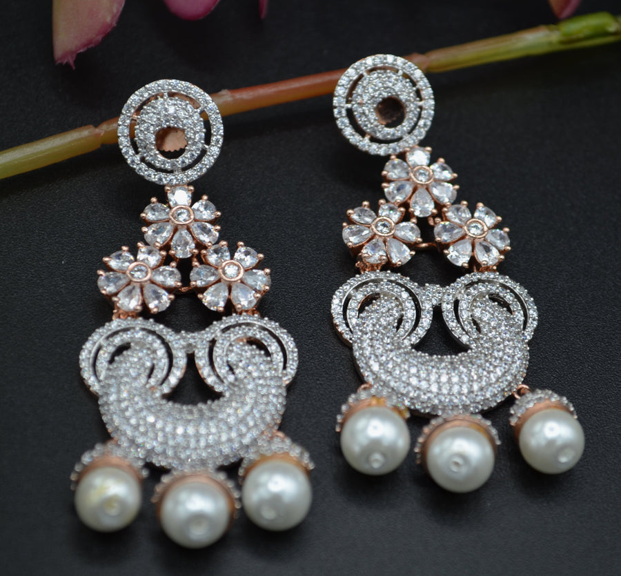 Flower Dangler Cz Earrings With Pearl Drops