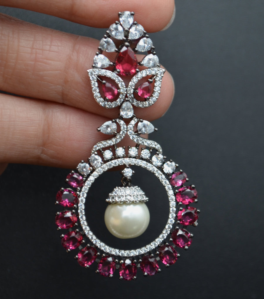 American Diamond Monalisa Stone Earrings With Pearl Drop
