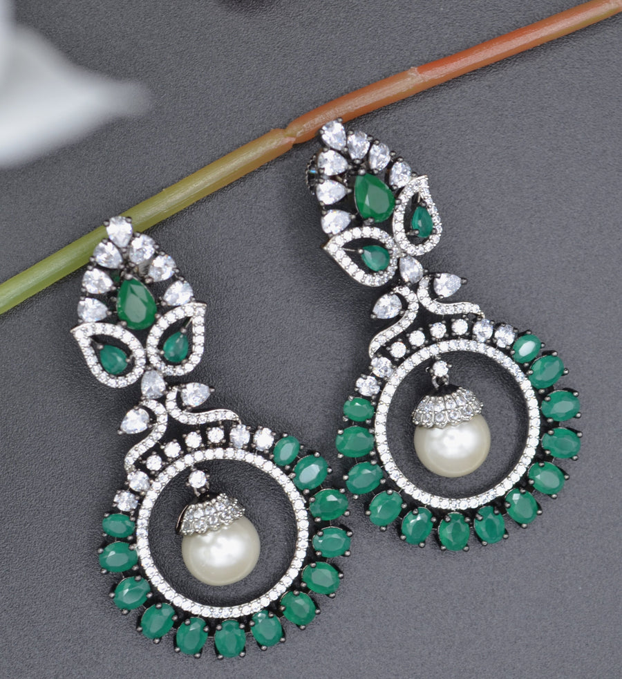 American Diamond Monalisa Stone Earrings With Pearl Drop Green