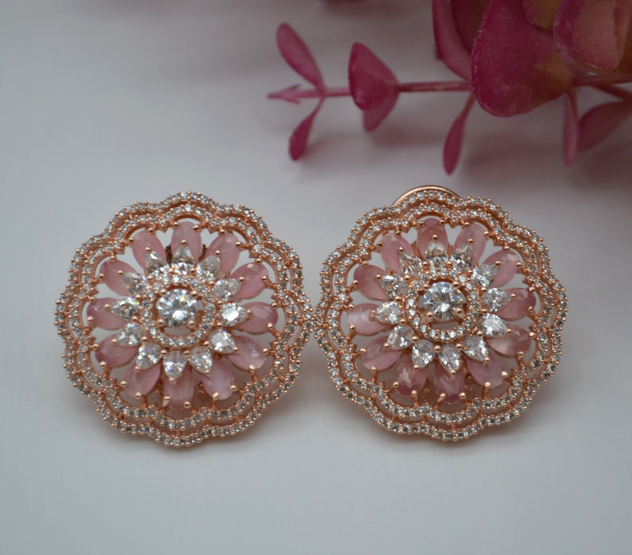 Gulsa Flower Cz Studded Studs With Monalisa Stones Pink Earrings