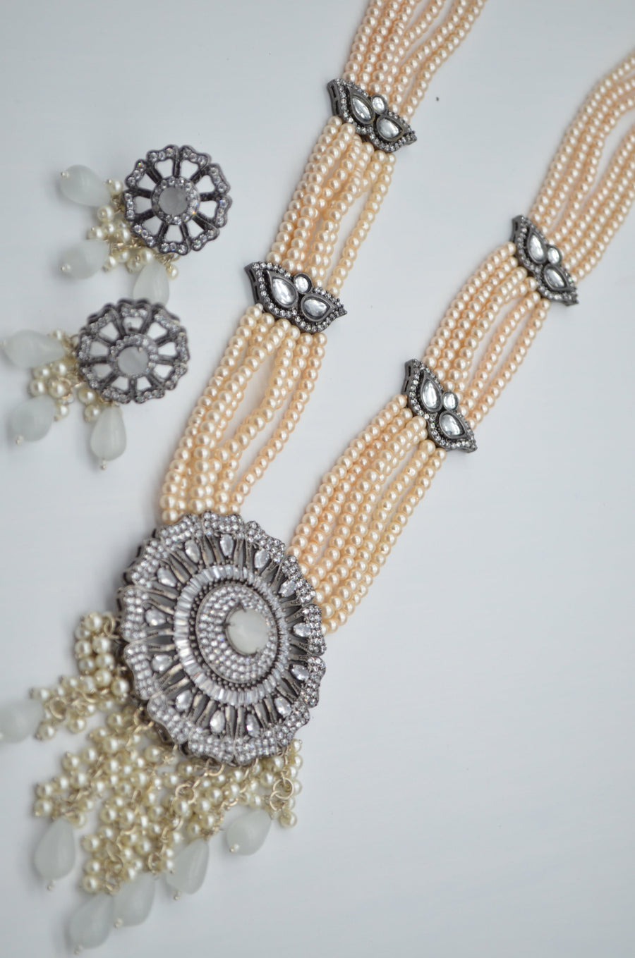 Designer Cz Center Pendant Long Necklace Set - Victorian Finish Necklaces