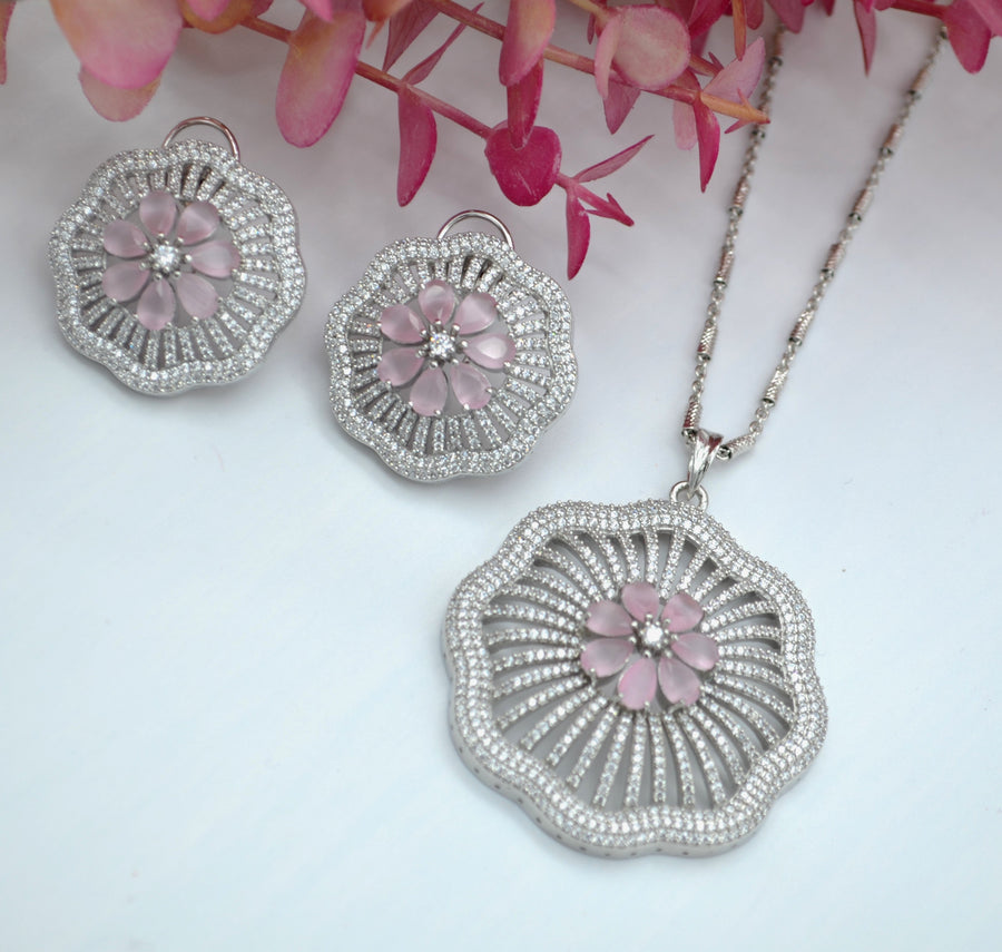 Gulshan Large Pave Flower Pendant Set - Silver Finish Necklaces