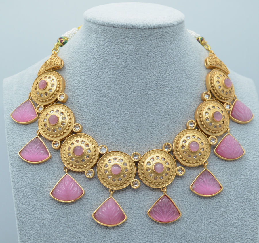 Bella Carved Stone Kundan Necklace Set With Maang Tikka Necklaces