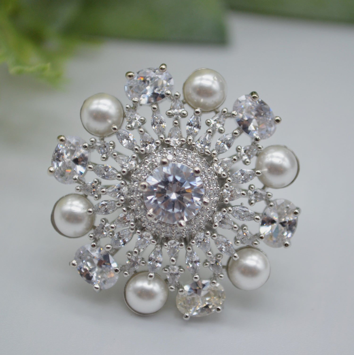 Cz With Pearl & Monalisa Stone Adjustable Ring White Rings