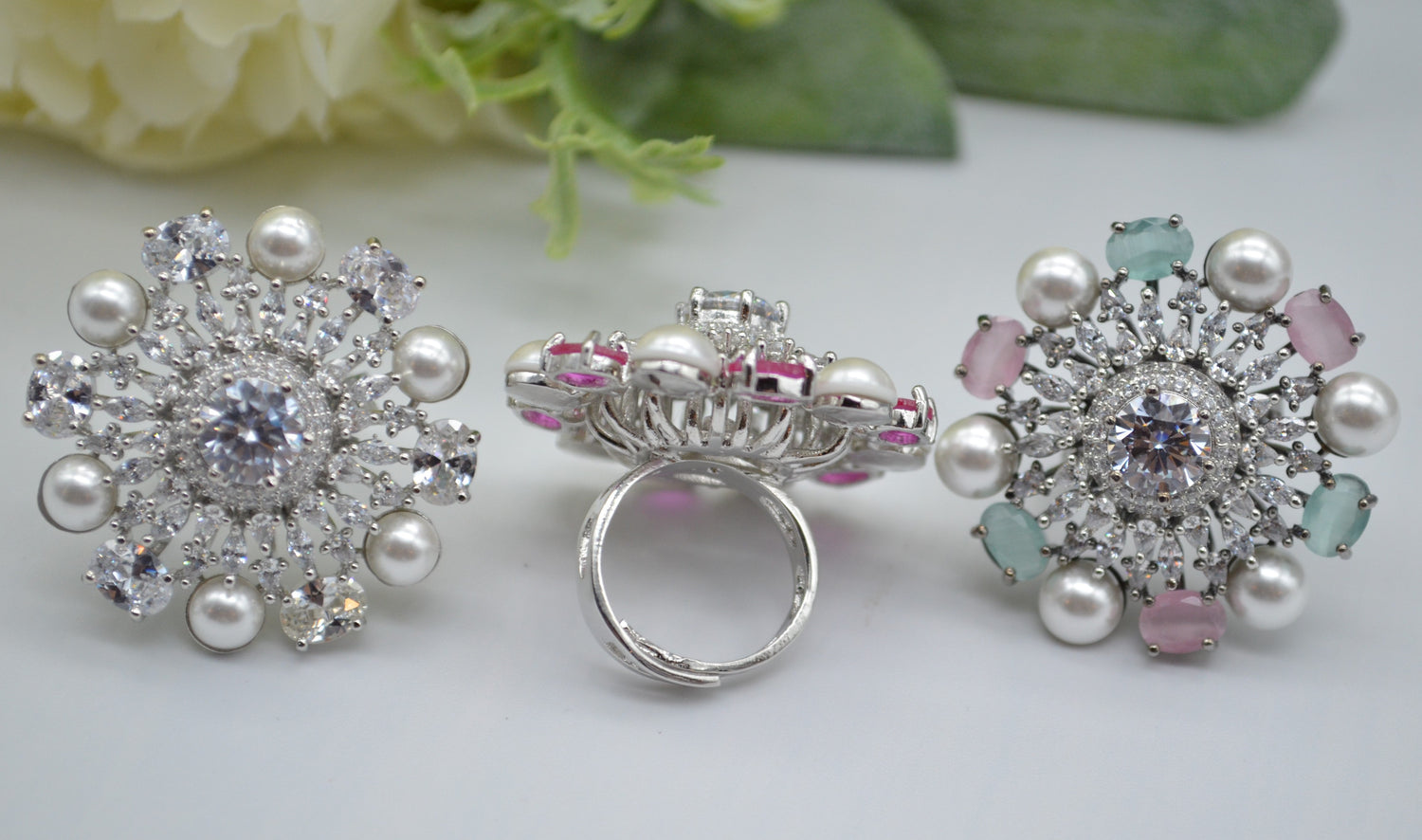 Cz With Pearl & Monalisa Stone Adjustable Ring Rings