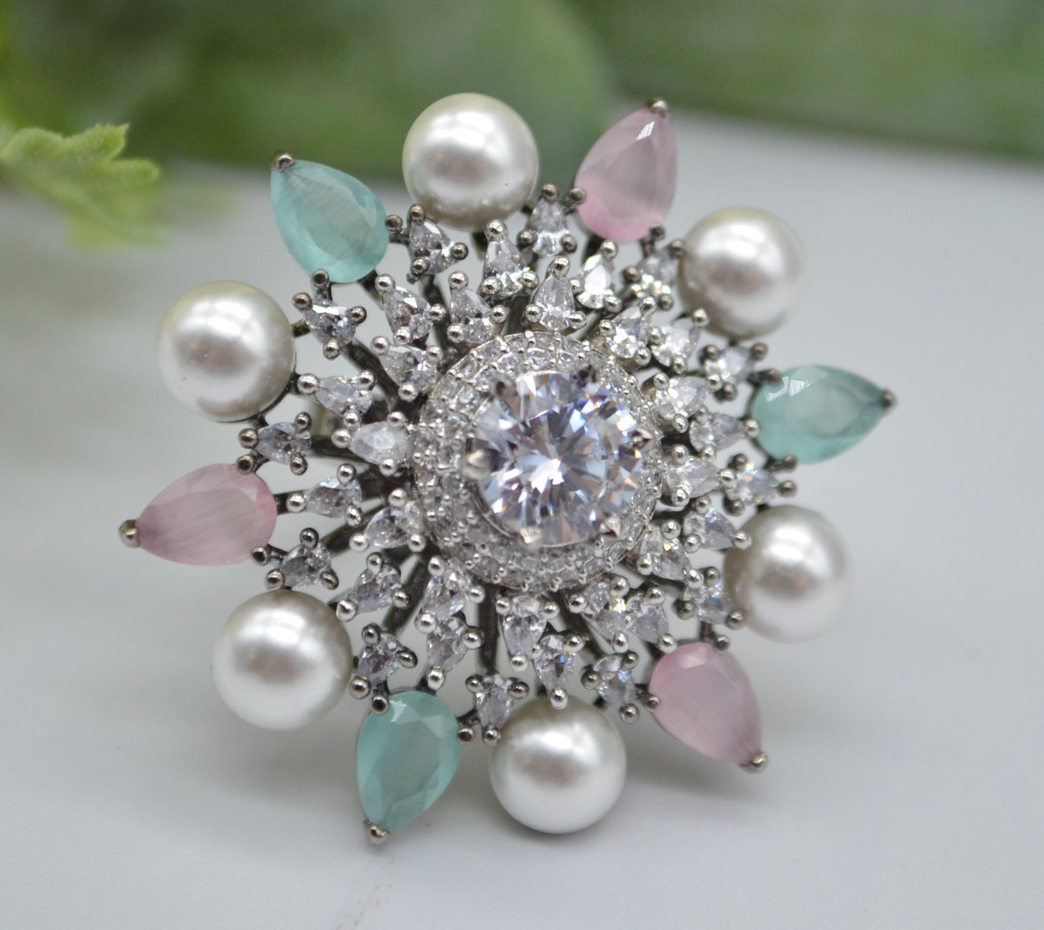 Cz With Pearl & Monalisa Stone Adjustable Ring Rings