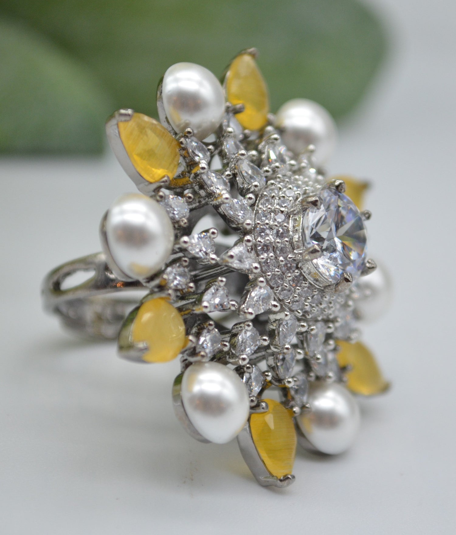 Cz With Pearl & Monalisa Stone Adjustable Ring Rings