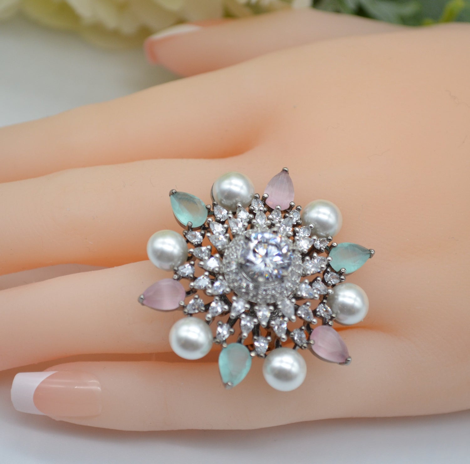 Cz With Pearl & Monalisa Stone Adjustable Ring Rings