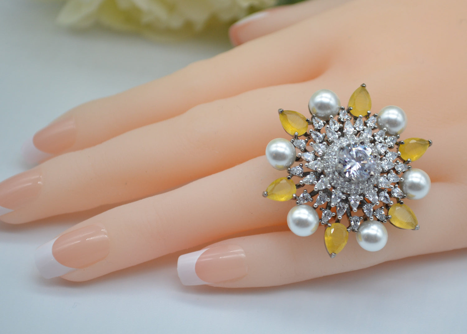 Cz With Pearl & Monalisa Stone Adjustable Ring Rings
