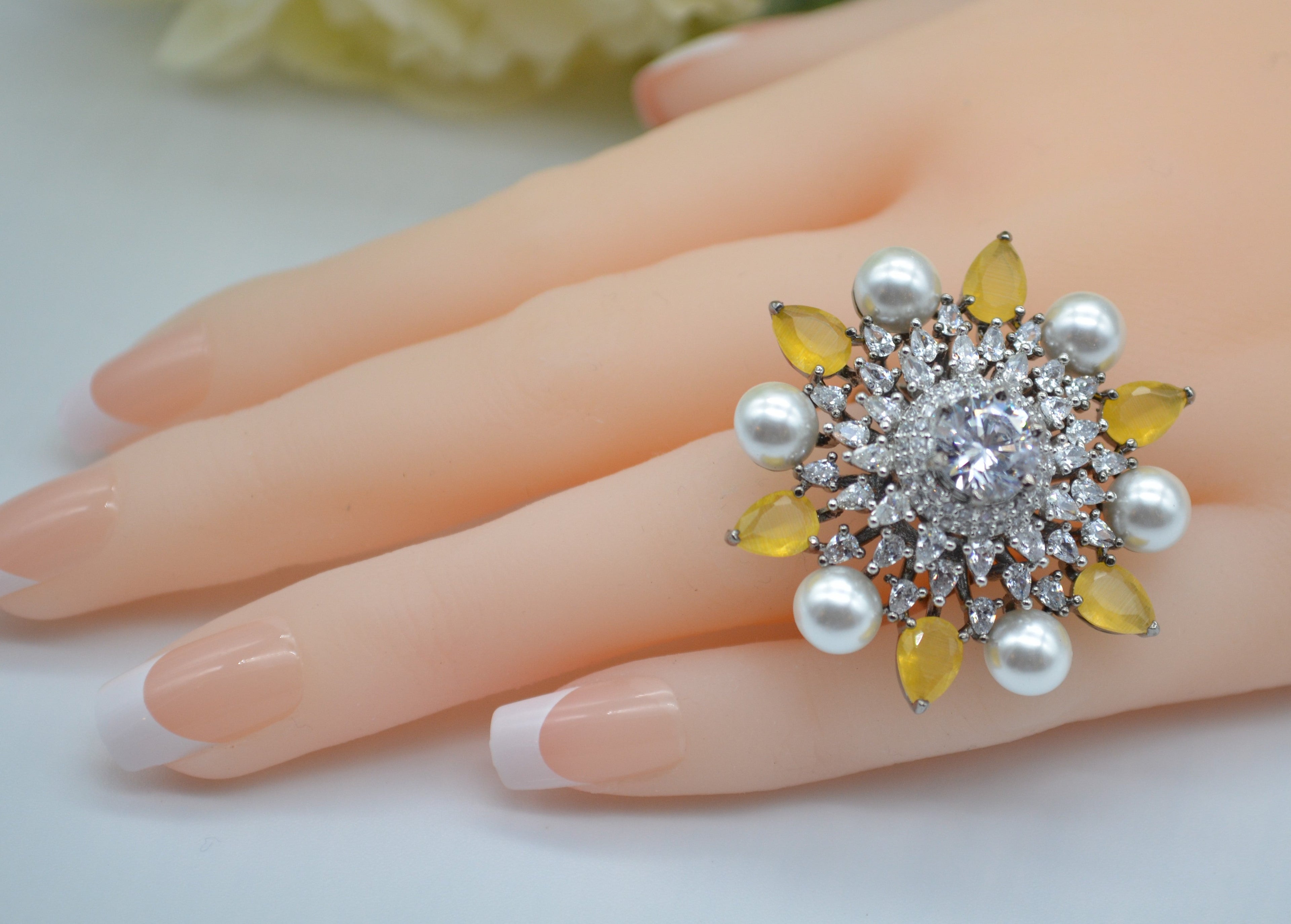 Cz With Pearl & Monalisa Stone Adjustable Ring Rings