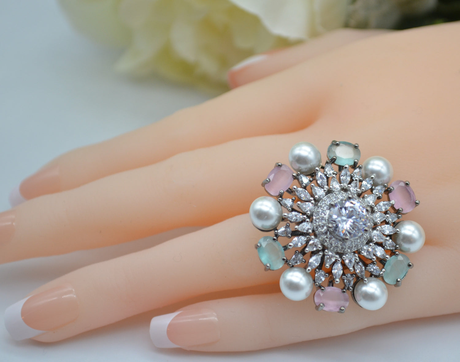 Cz With Pearl & Monalisa Stone Adjustable Ring Rings