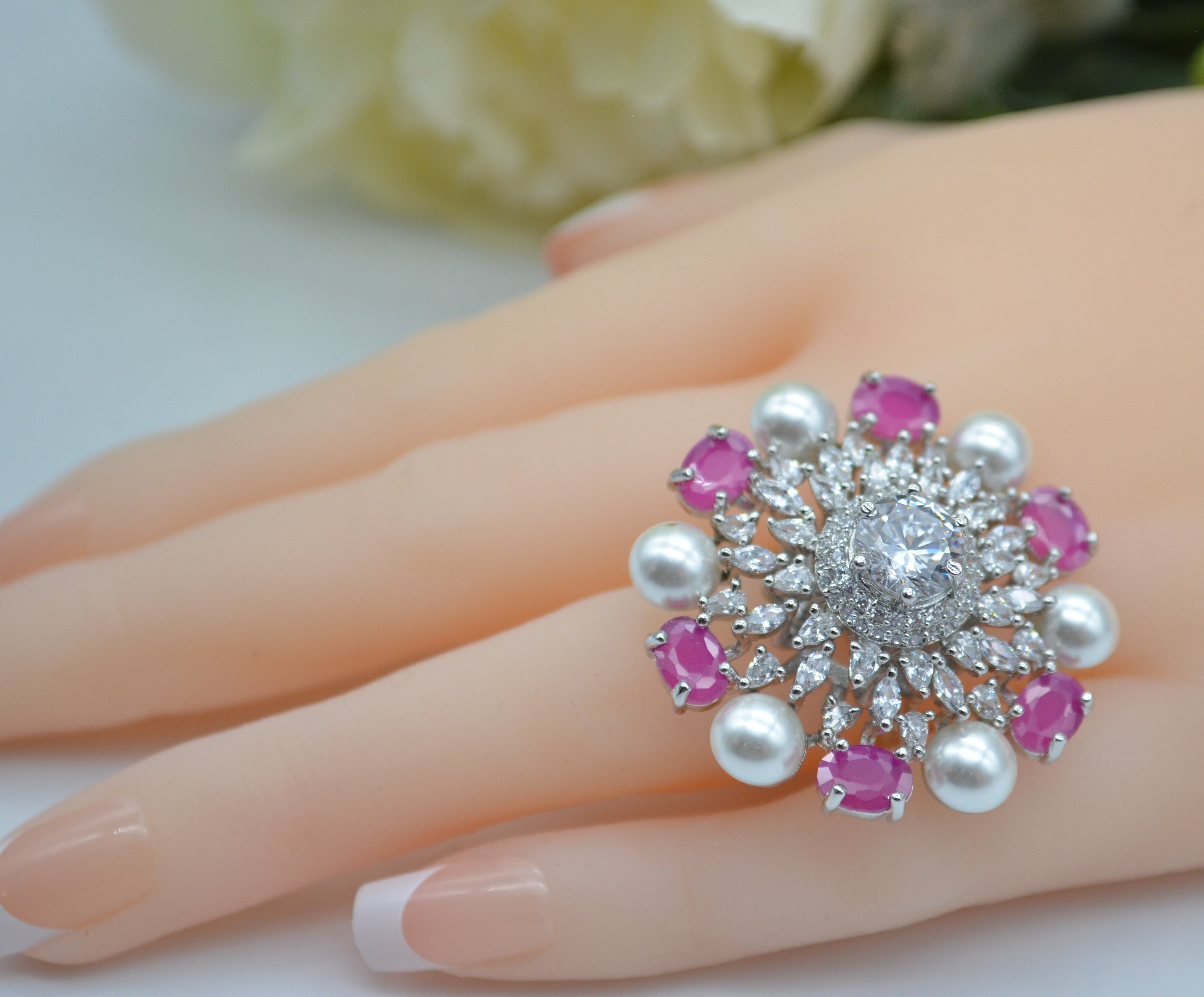 Cz With Pearl & Monalisa Stone Adjustable Ring Rings