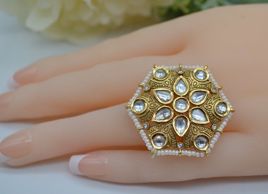 Meenakari Foiled Kundan Adjustable Ring Pearl Rings
