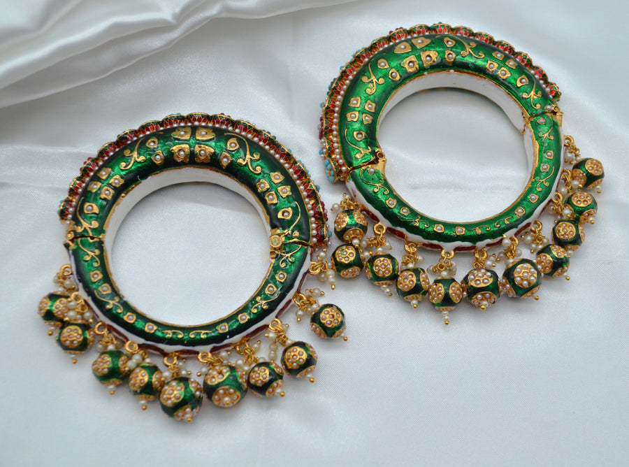 Designer Rajasthani Green Meenakari Pacheli Opnable Kada - Pair Or Single Bangles
