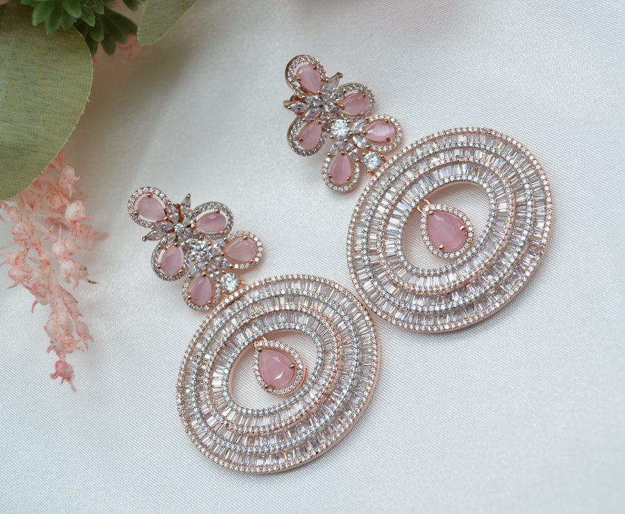Cz Baguette Diamond With Monalisa Stone Earrings Pink