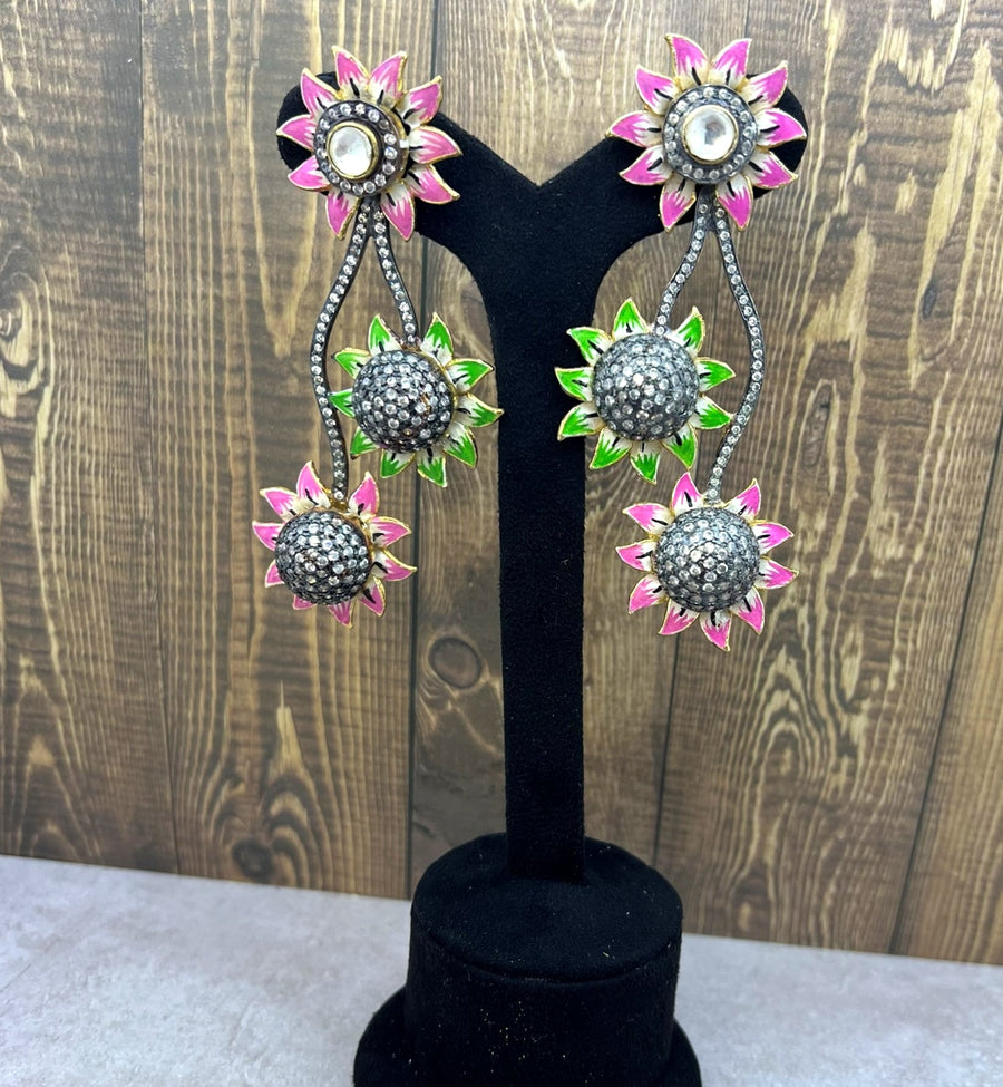 Fusion Meenakari Sunflower Ad Earrings Pink