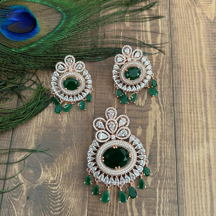 Ethnic American Diamond Pendant Set Emerald Green - Rose Gold Finish Charms & Pendants