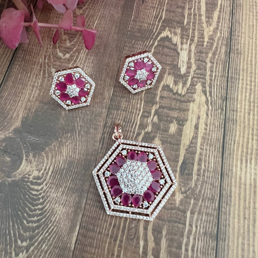 Hexagon Shape American Diamond Monalisa Studded Pendant Set. Ruby Charms & Pendants