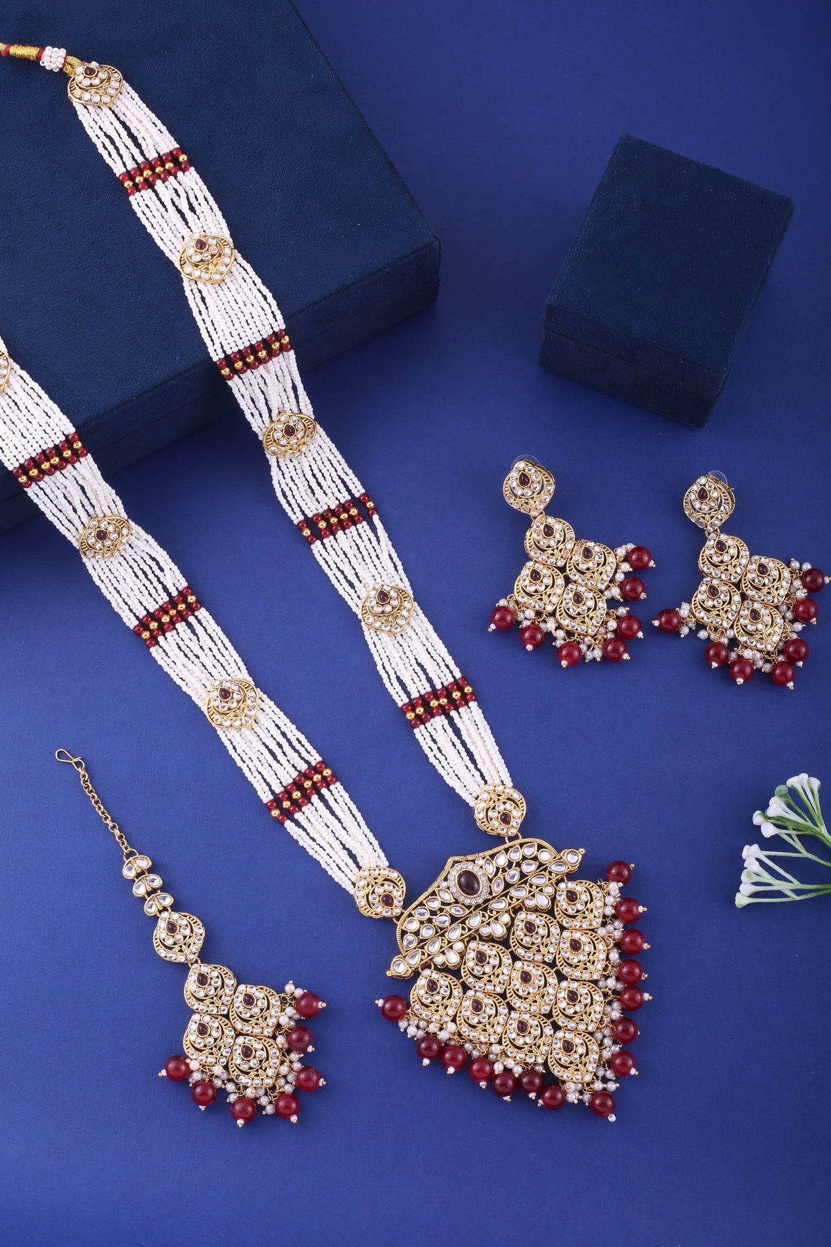 Ruby polki long necklace set with maang tikka for Karwa Chauth