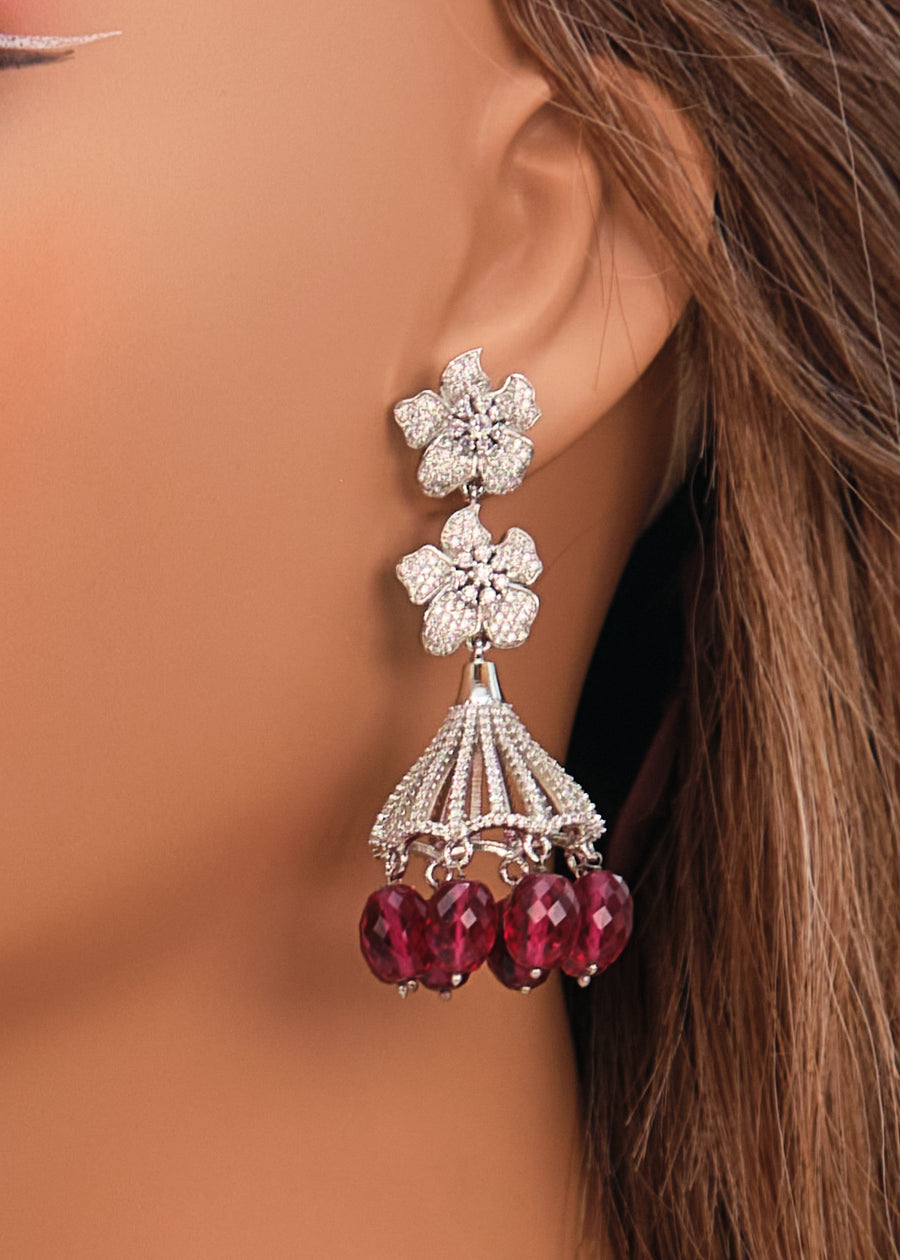 Silver CZ Double Flower Jhumki Earrings