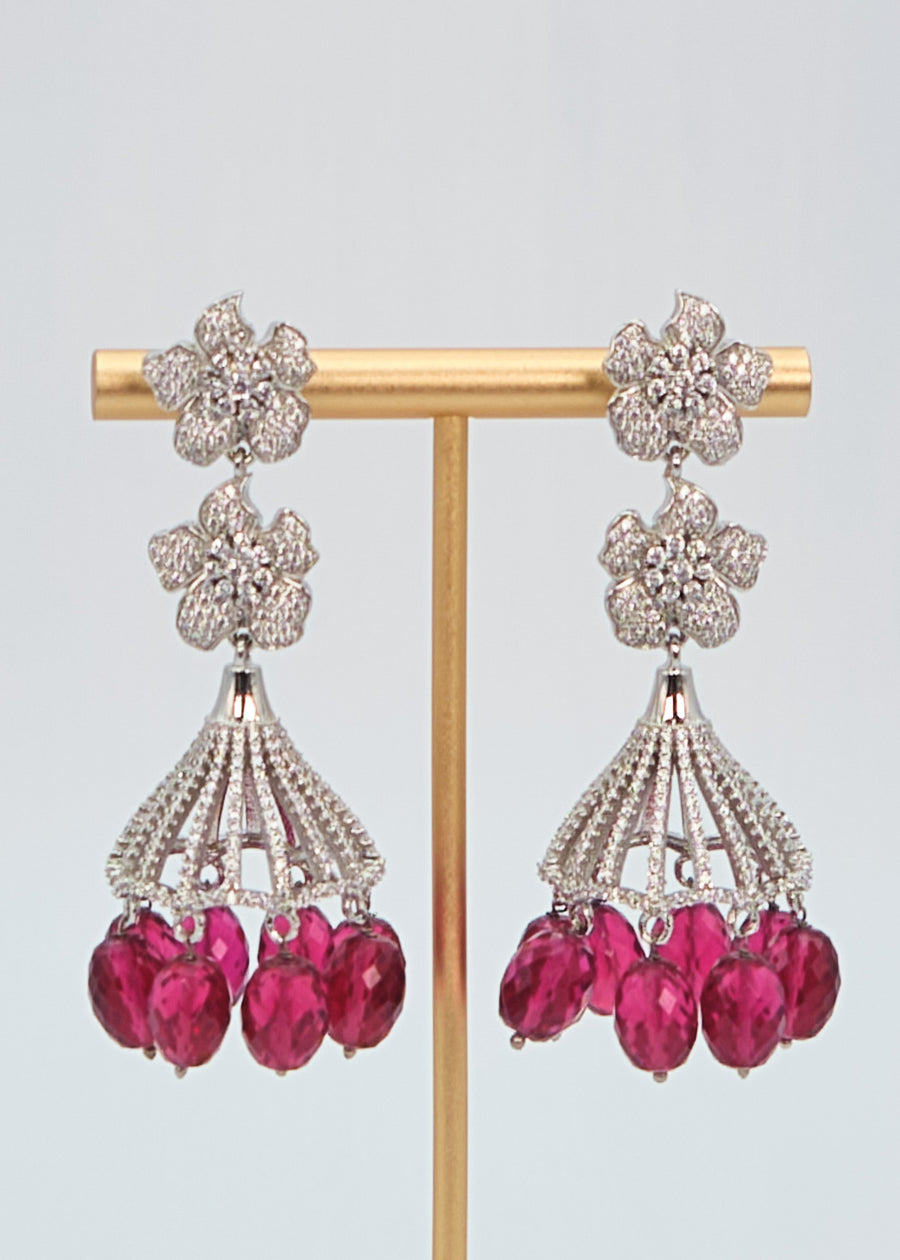 Silver CZ Double Flower Jhumki Earrings