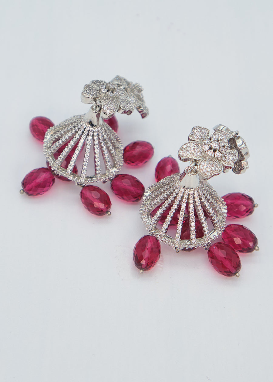 Silver CZ Double Flower Jhumki Earrings