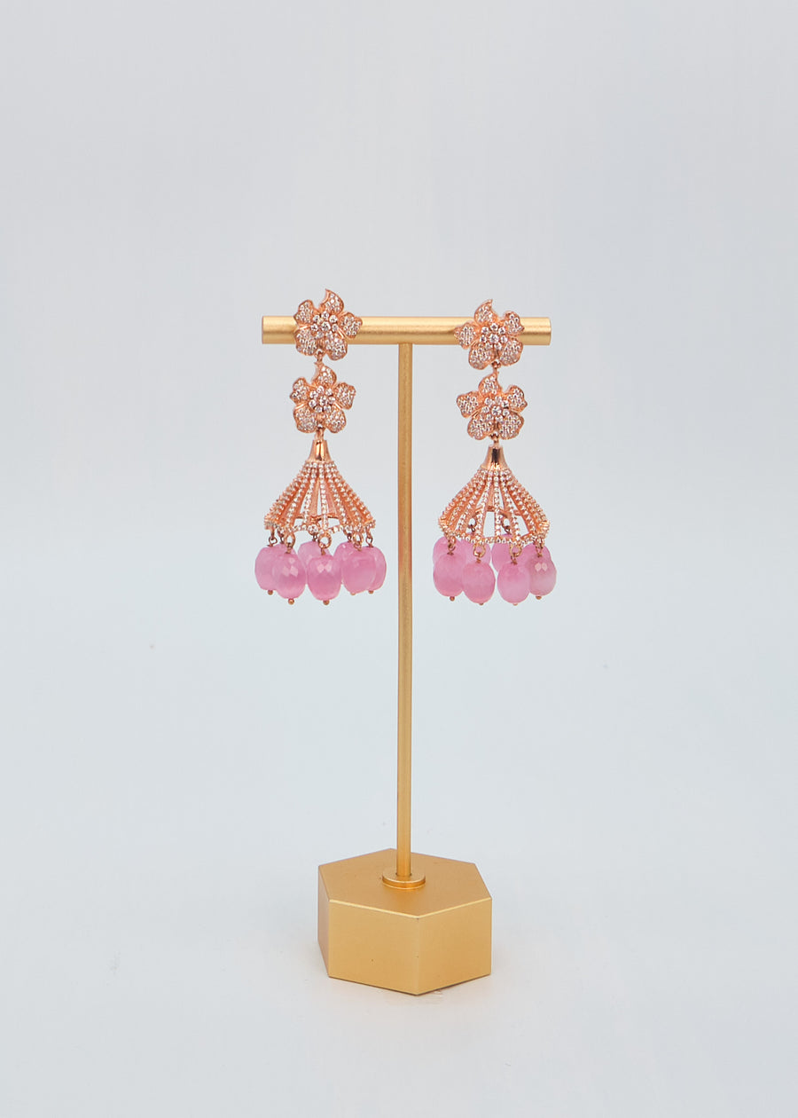 Rose Gold CZ Double Flower Jhumki Earrings