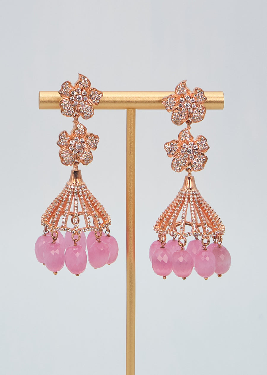 Rose Gold CZ Double Flower Jhumki Earrings