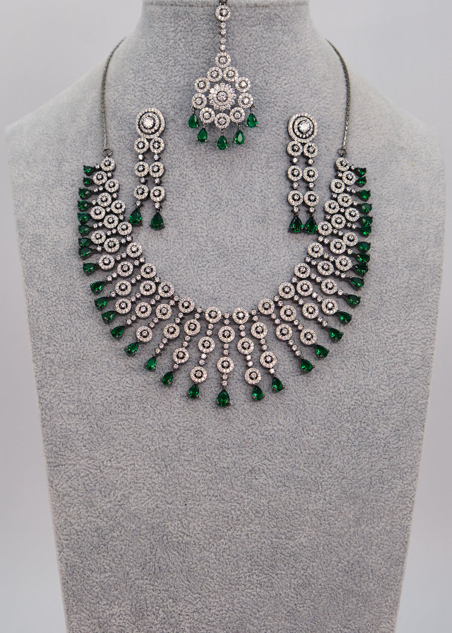 American Diamond Drop Dangling Necklace Set With Maang Tikka