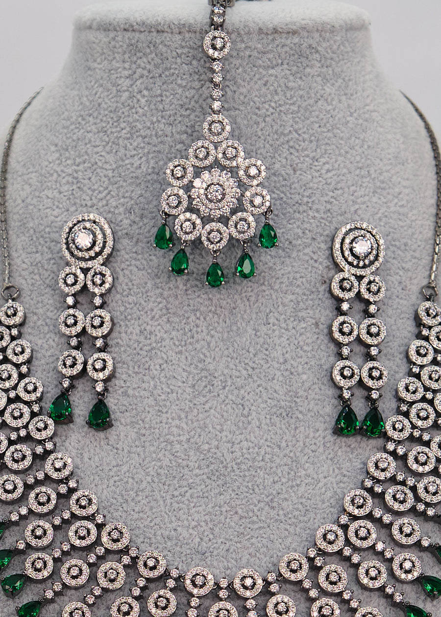 American Diamond Drop Dangling Necklace Set With Maang Tikka