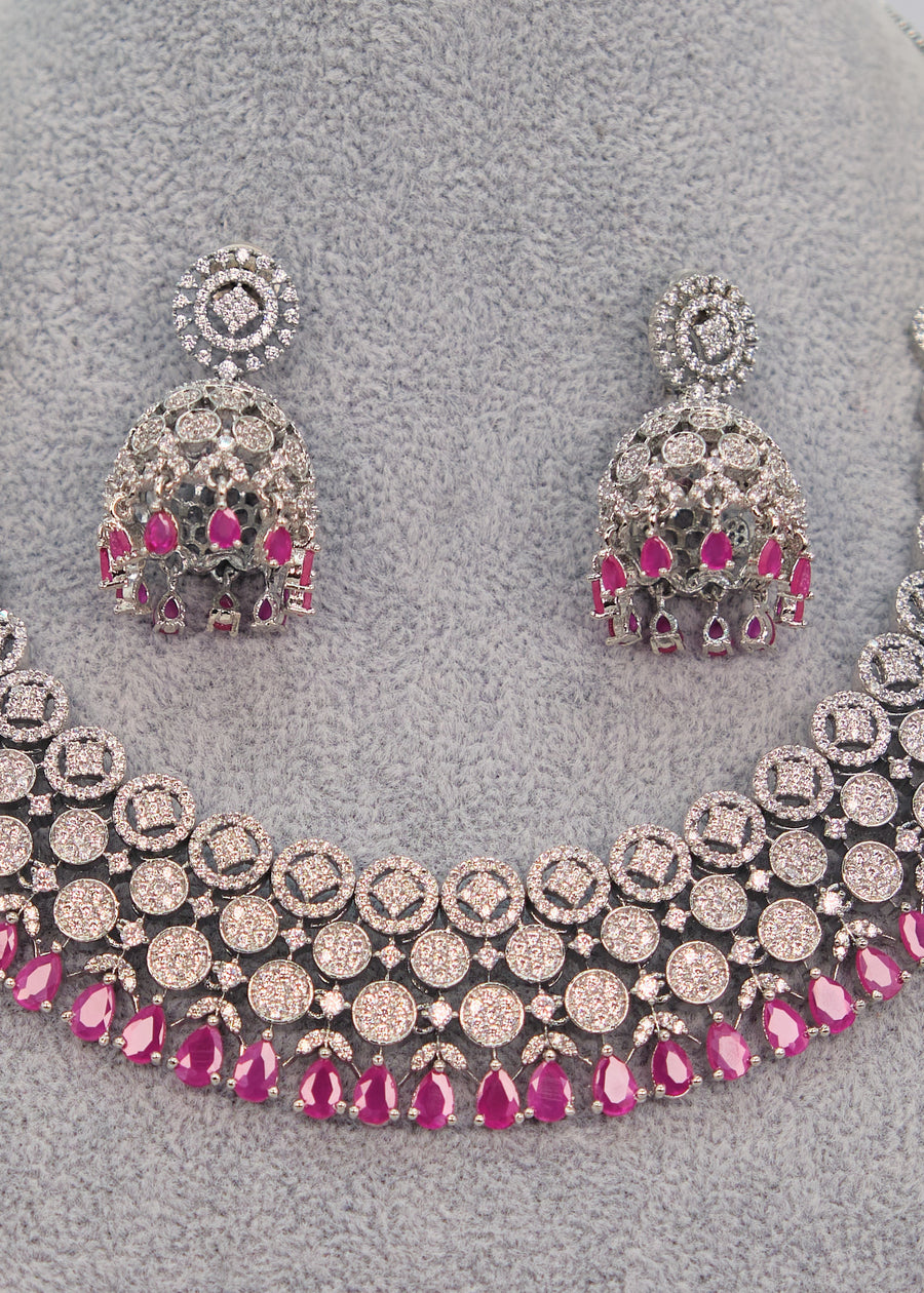 Ruby American Diamond Necklace Set With Jhumki