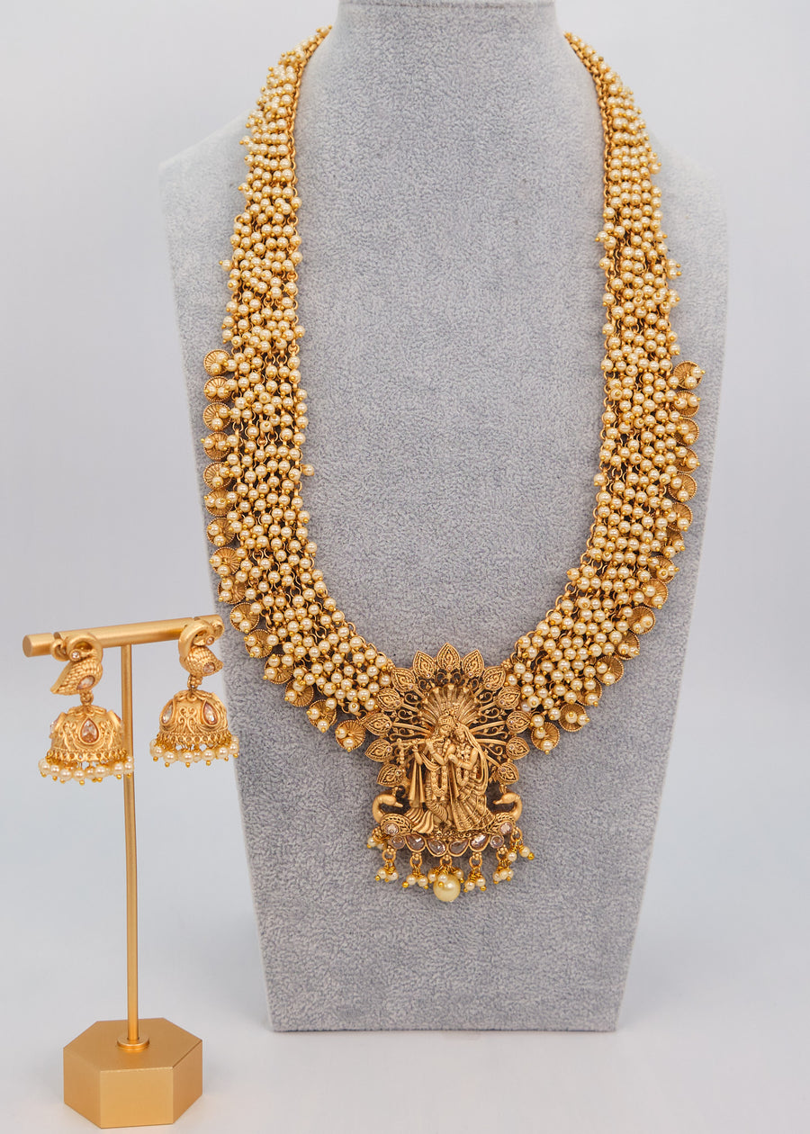 Pearl Radha Krishna Golden Long haram Necklace Set - Temple Jewelry