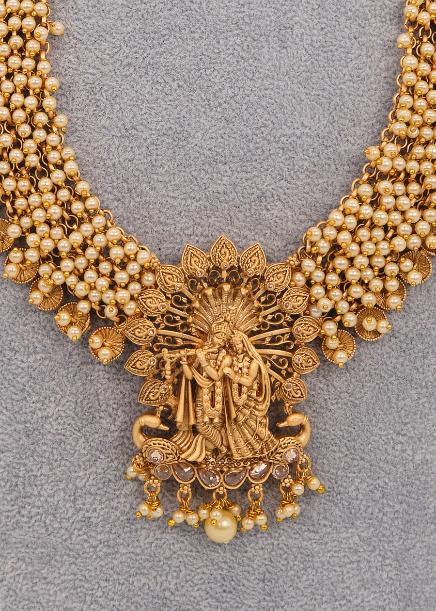 Pearl Radha Krishna Golden Long haram Necklace Set - Temple Jewelry