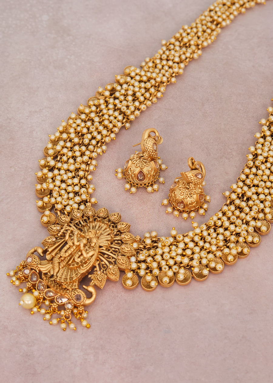 Pearl Radha Krishna Golden Long haram Necklace Set - Temple Jewelry