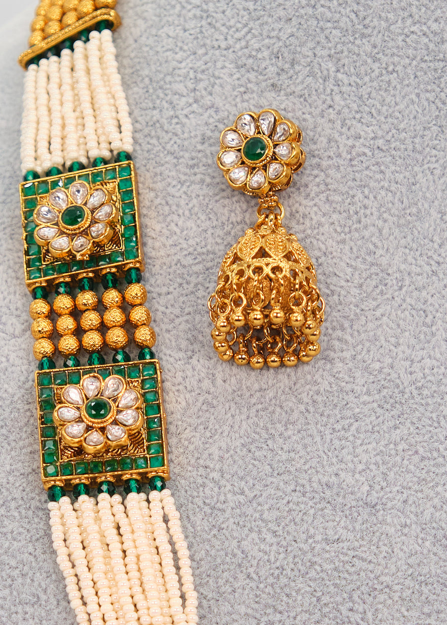 Emerald Pearl kemp Stone Haram Necklace Set