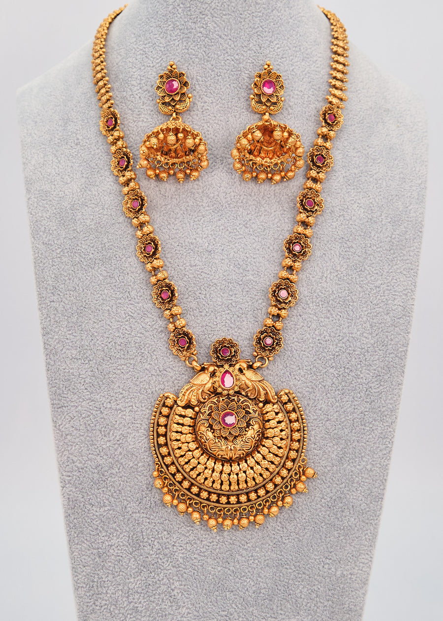 Ruby Kemp Stone Necklace Set With Jhumki