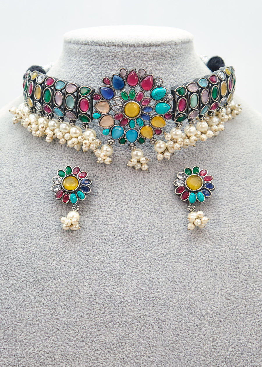 German Silver Multi Flower Choker Set