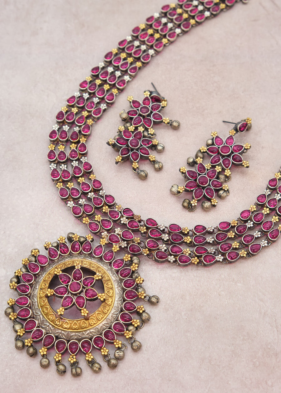 German Silver Dual Ruby Long Necklace Set