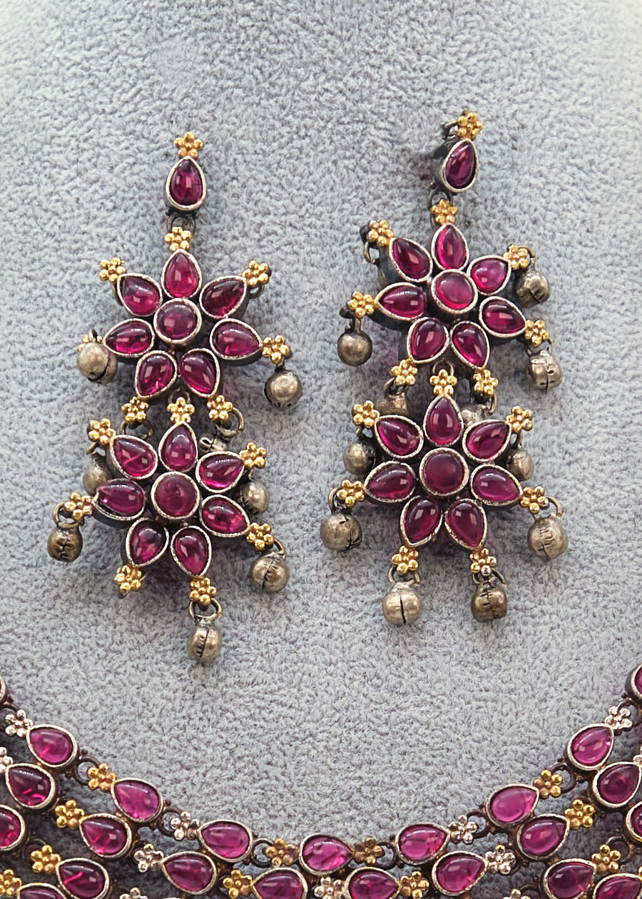 German Silver Dual Ruby Long Necklace Set