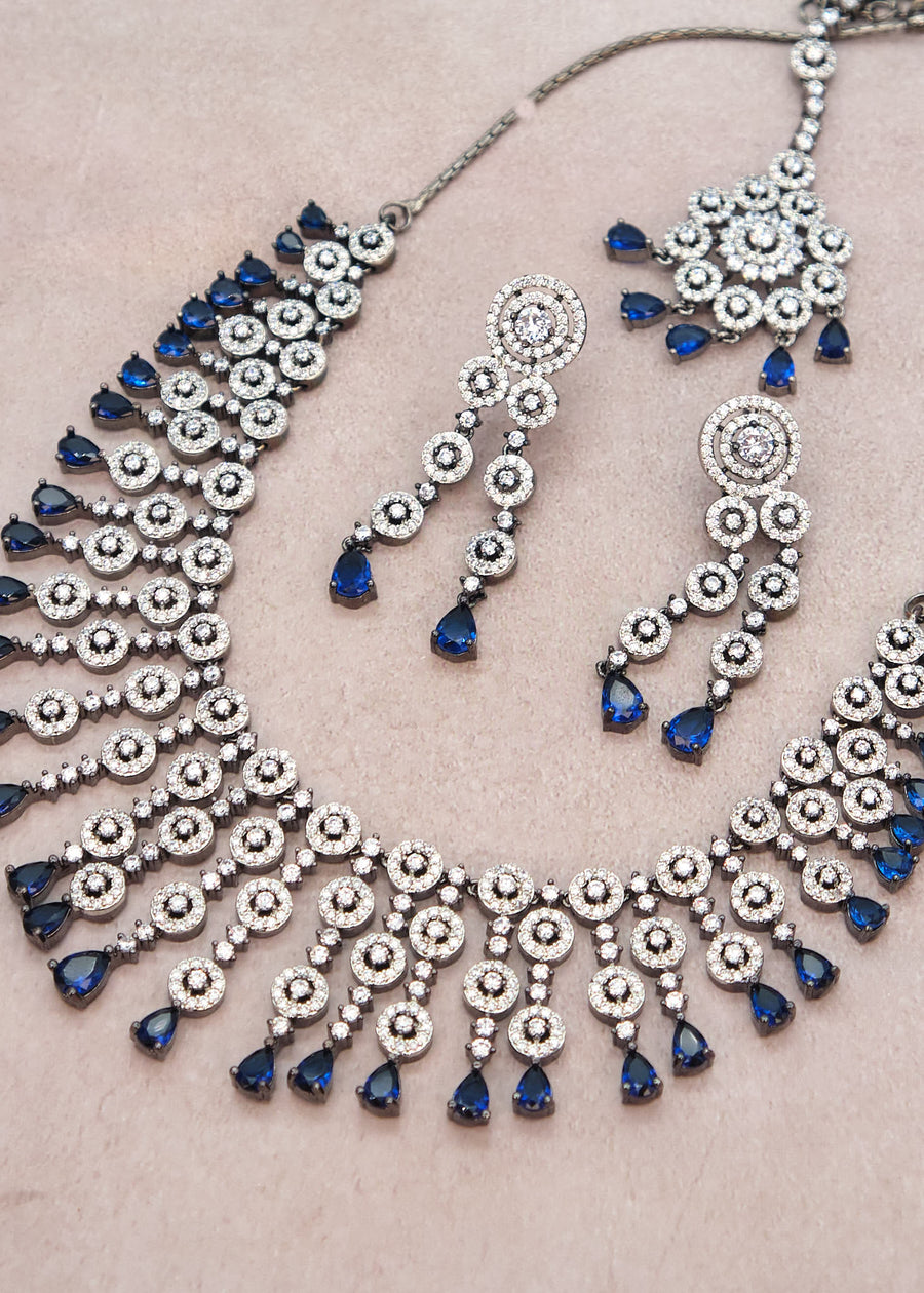 American Diamond Drop Dangling Necklace Set With Maang Tikka