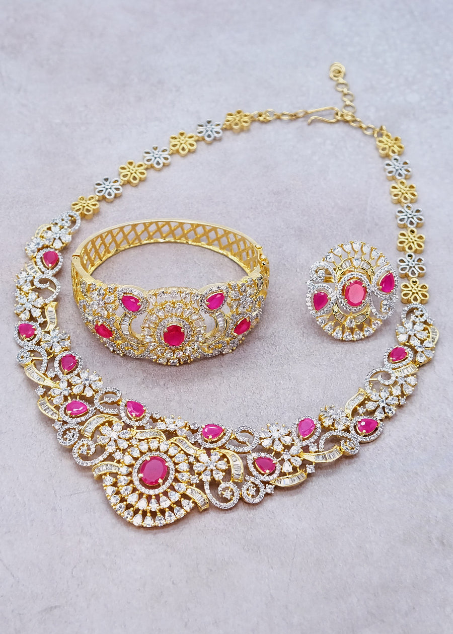 Ruby Gold Zirconia Jewelry Set Comes With Ring & Bracelet