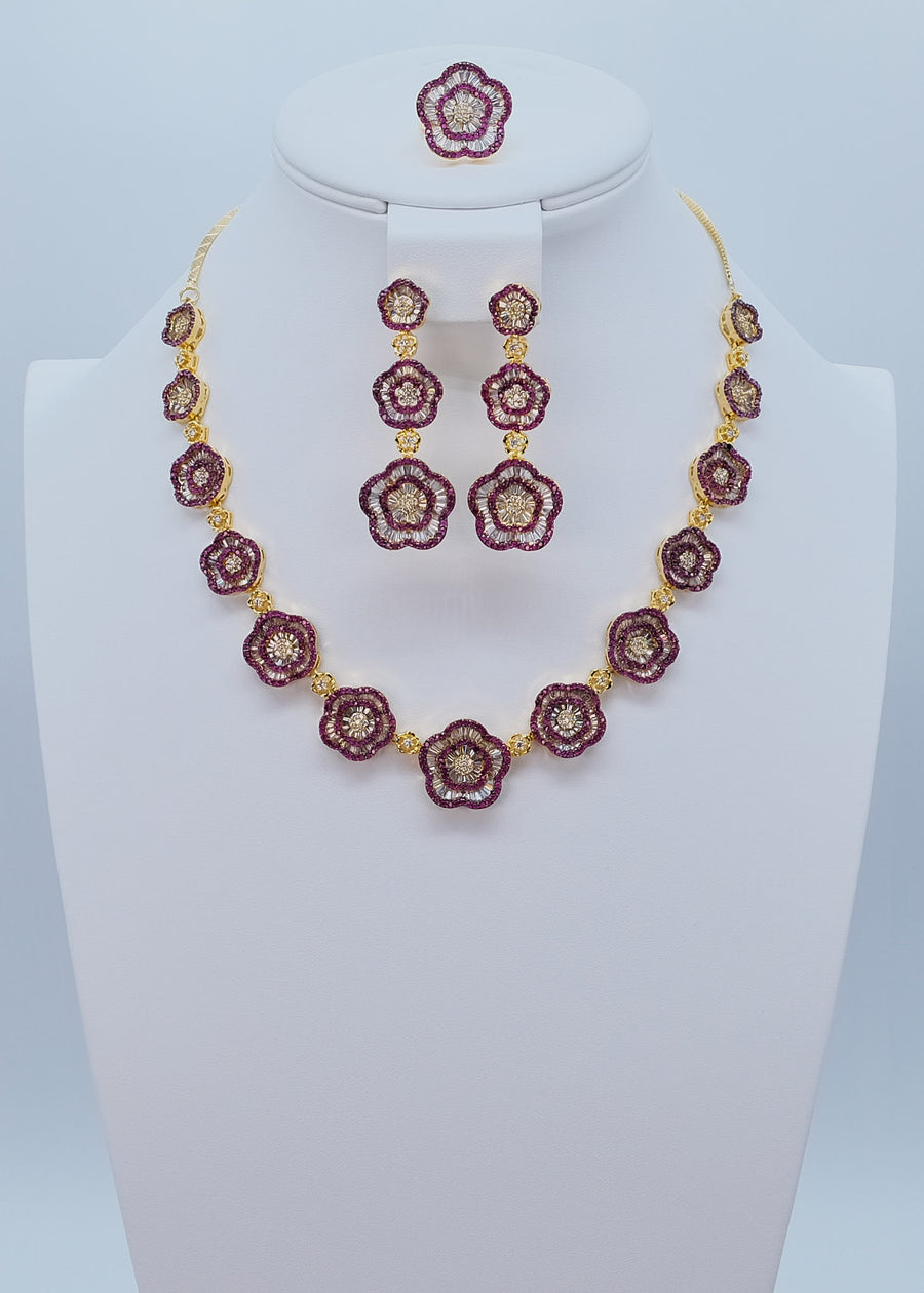 Ruby Floral CZ Baguette Necklace Set With Ring