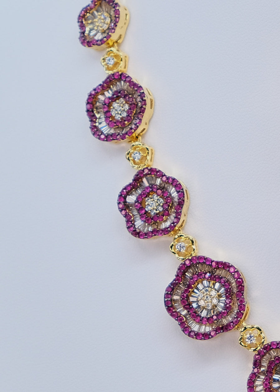 Ruby Floral CZ Baguette Necklace Set With Ring