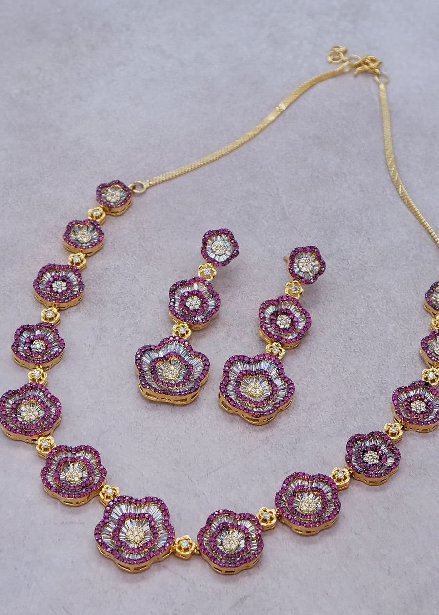 Ruby Floral CZ Baguette Necklace Set With Ring